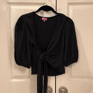 Black puff sleeve wrap tie blouse